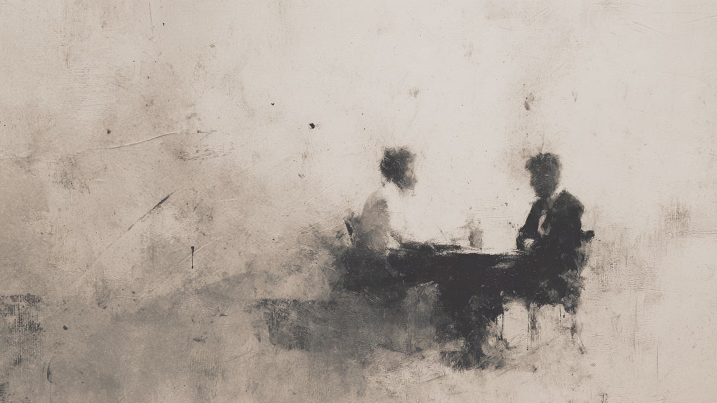 Abstract illustration of two people collaborating at a table, representing AT Studio’s partnership approach