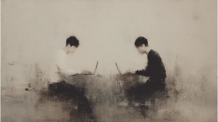 Abstract illustration of two people working on laptops across a table, representing collaborative web services.