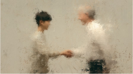 Abstract illustration of two people shaking hands, symbolizing a successful client partnership.