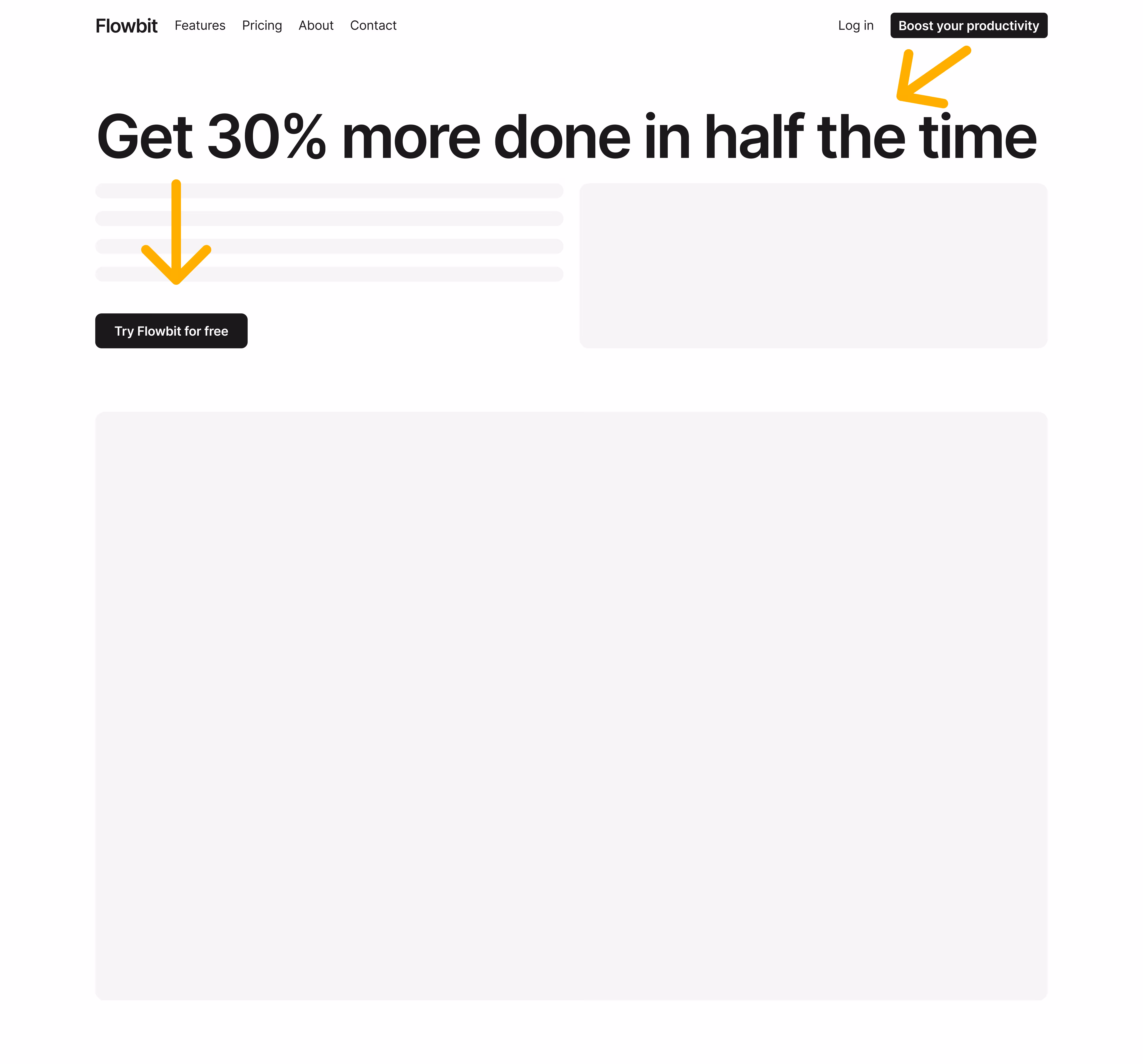 Flowbit's home page hero section with the users' eye-tracking highlighted.