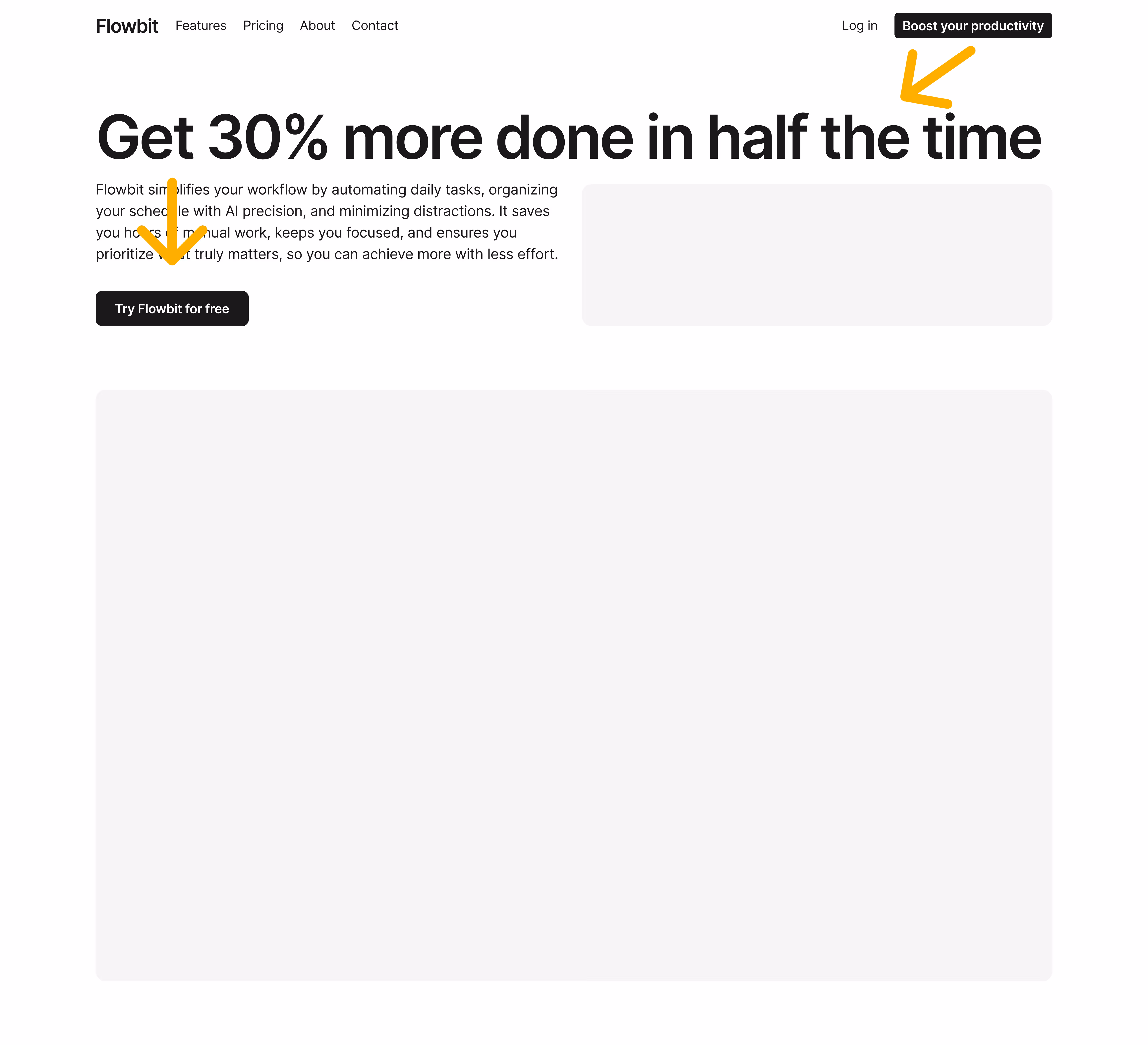 Flowbit's home page hero section visual hierarchy filled with paragraphy details with users' eye-tracking path highlight.
